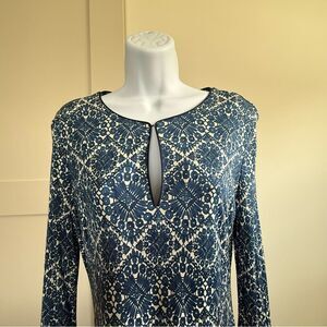 Tory Burch 100% Silk Blue and Ivory Printed Keyhole Neckline Women's Dress Large